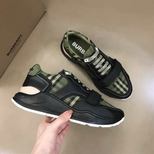 First Copy BURBERRY CHECK LACE UP SNEAKERS IN MILITARY GREEN BBR092